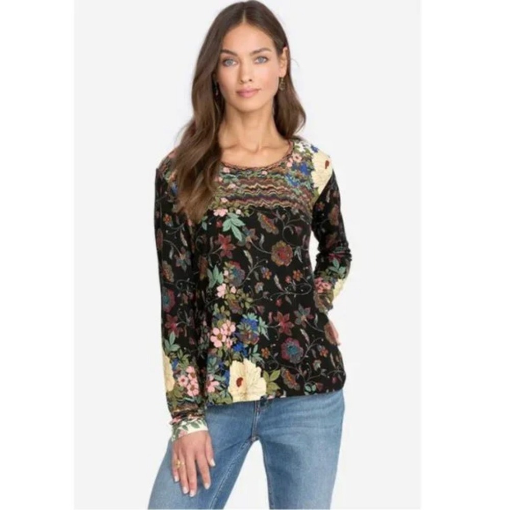 Johnny Was Favorite Flower Stretch Bamboo A Line Long Sleeve Scoopneck Tee S‎